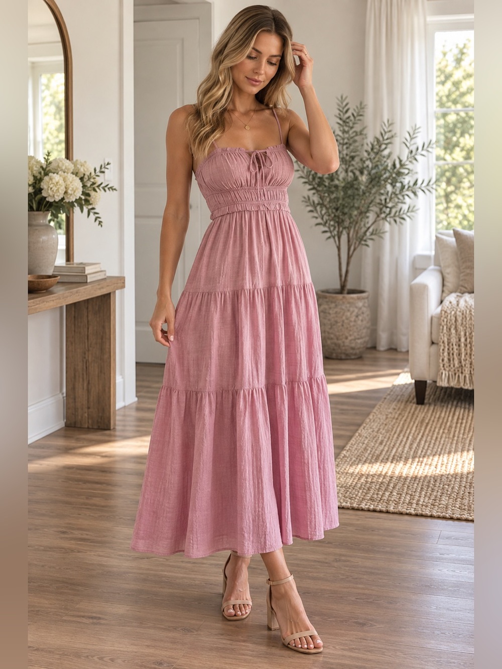 Smocked Tiered Maxi Dress in Dusty Rose